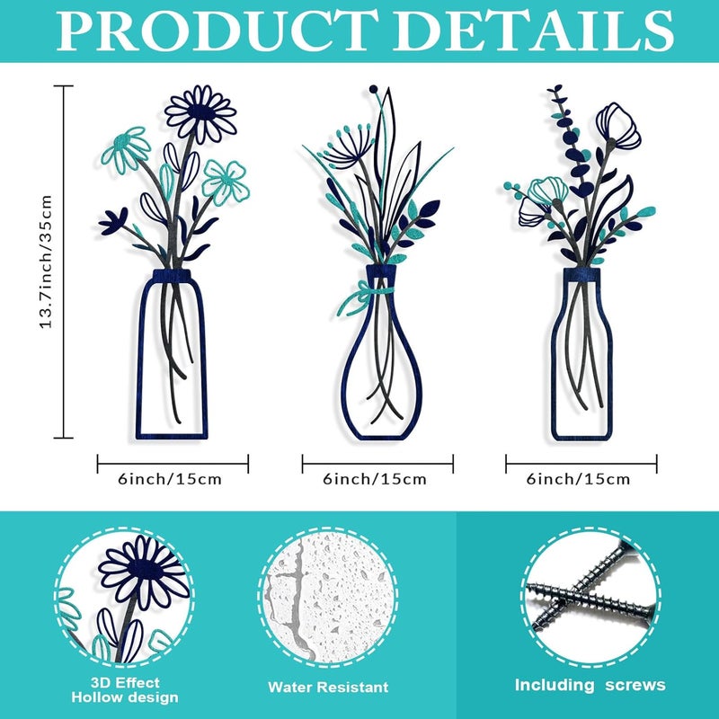 Pigort 3 Pieces Metal Flowers Wall Arts - Rustic Farmhouse Style Décor Metal Wall Art Black Minimalist Flower Natural Themed Wall Decors for Home Bedroom Dining Room Housewarming (Blue) - Image 2